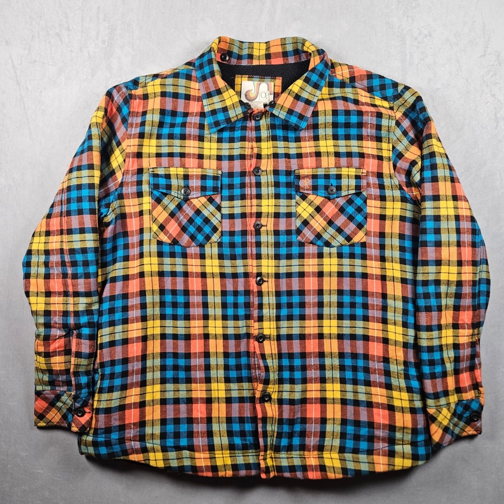 OP Flannel Shirt Jacket Mens XL Multicolor Plaid Sherpa Lined Heavyweight Retro